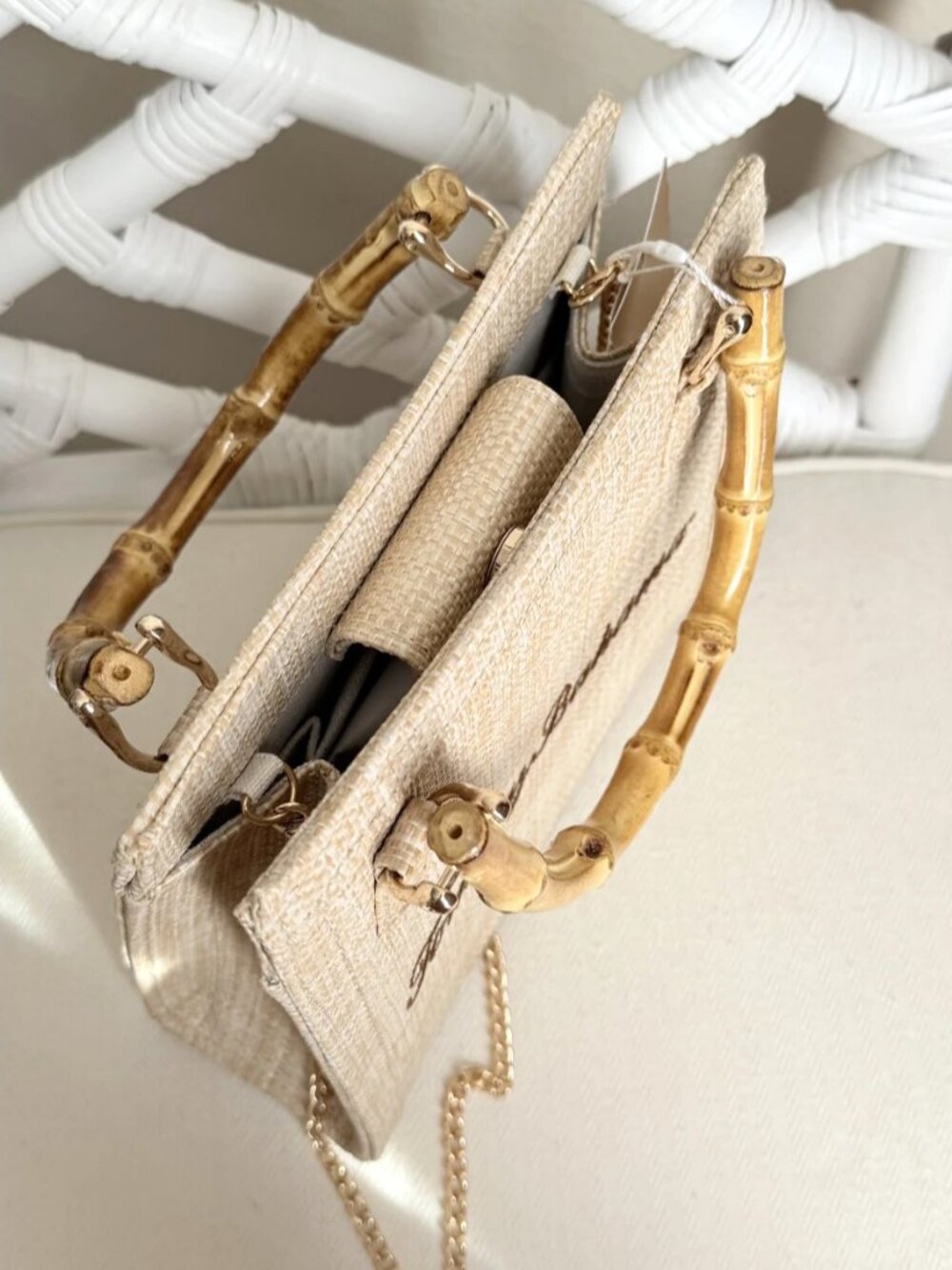 Tommy Bahama Natural Woven Straw Bag Crossbody Bamboo Handles Gold Chaiт NWT - Picture 7 of 16